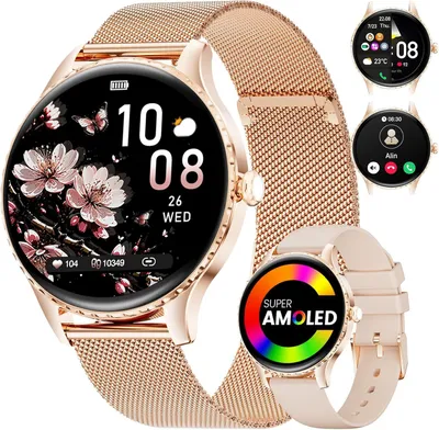 Smartwatch Damen 2025 mit 1,32'' AMOLED Display, Telefonfunktion, IP68 Wasserdicht, 100+ Sportmodi, Schrittzähler, Frauengesundheit iOS Android