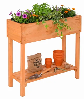 Produktbild von Relaxdays Hochbeet, Garten, Balkon & Terrasse, mit Ablage, Holz & Vlieseinlage, HBT: 80x80x30 cm, Pflanzenbeet, orange