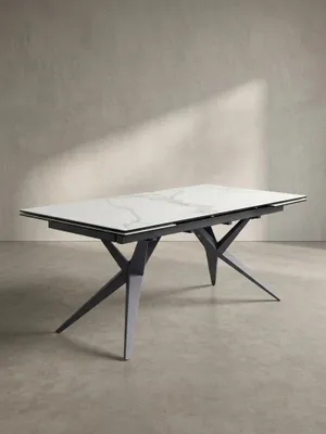 Produktbild von Esszimmertisch 180 - 260 cm Ausziehbar Keramik Glas Weiß, Keramiktisch Marmor-Optik Groß, Designer Küchentisch Rechteckig, Esstisch Extravagant mit Metallbeinen