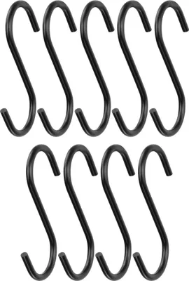 A set of black S-hooks against a white background.