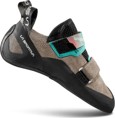 Kletterschuh "Aragon Woman" von La Sportiva; grau mit schwarzen und türkisfarbenen Akzenten; Klettverschluss.