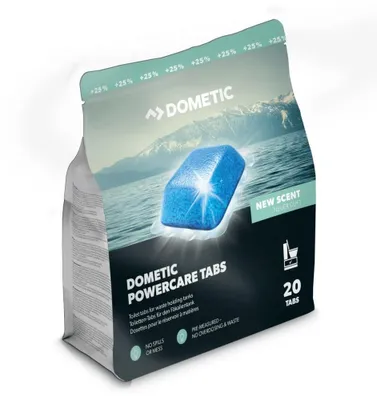 Produktbild von Dometic PowerCare Tabs, Sanitärzusatz für Campingtoiletten und Chemietoiletten, 20 Tabs (1 Packung, 500 g)