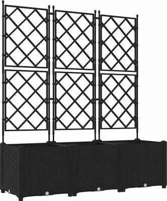 A black three-piece planter with trellises against a white background.