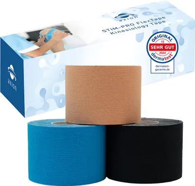 Produktbild von axion® Kinesiologie-Tapes 3 Stück - Wasserfeste Tapes in blau, beige, schwarz