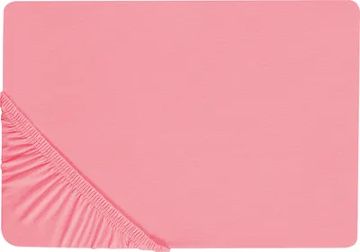 A pink fitted sheet is shown laid flat, with the elasticized corner visible in the bottom left.
