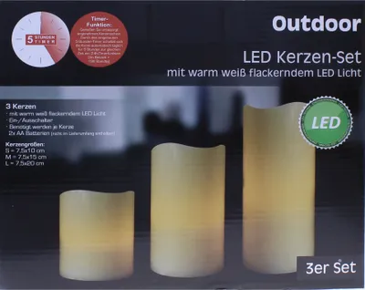 Produktbild von 3er Set LED Echtwachskerzen "Outdoor" mit flackerndem Licht warmweiß inkl. 5h Timer 3 Größen Batterie