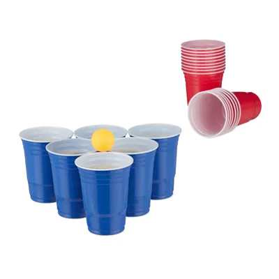Immagine prodotto di Set di bicchieri per beer pong Relaxdays, set per beer pong con 6 palline, 50 bicchieri da beer pong, gioco alcolico, bicchieri da festa da 16 oz, rosso/blu