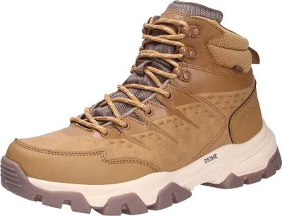 A single brown hiking boot is shown against a white background.