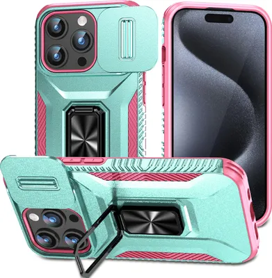 Produktbild von Handyhülle für iPhone 15 Pro Max Dual Layer Hülle mit Schiebe Kamera Schutz und Ringhalter Ständer Türkis
