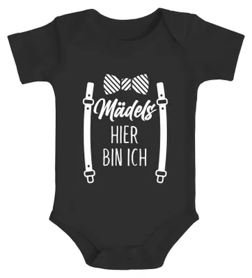 Produktbild von Baby Body Fliege mit Spruch lustig Mädels hier bin ich Baumwolle Jungen & Mädchen MoonWorks® schwarz 12-18 Monate