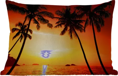 Produktbild von MuchoWow® Outdoor Kissen - Palme - Sonnenuntergang - Strand - Orange - Tropisch - 60x40 cm - Wetterfest - Lounge Kissen - Zierkissen - Kissen für Innenräume