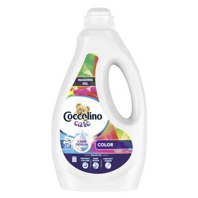 A bottle of Coccolino Care washing gel for colored fabrics.