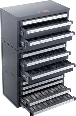 Obrázek produktu pro Skříňka na vrtáky, třídílná, tři zásuvky pro 1/16" až 1/2" a velikosti písmen A až Z, organizér na vrtáky s pěti zásuvkami pro měřidla drátu č. 1 až 60, stohovatelná skříňka
