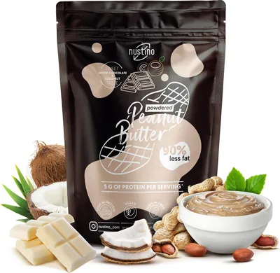 Produktbild von Nustino - Erdnussbutter Pulver Weiße Schokolade, Kokos 400g - 90% Weniger Fett - Proteinreich - Ohne Zucker - Fettarm - Ohne Palmöl