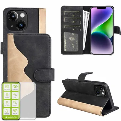 Obrázek produktu pro Pouzdro na mobilní telefon Apple iPhone 15, černé, z umělé kůže + tvrzené sklo H9