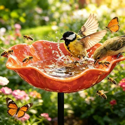 Produktbild von Vogeltränke Garten Metall - 60 x 15 cm - Orange - Rostfrei und frostbeständig - Bienen Tränke mit Erdspieß - Vogelbad und Gartendeko für Vögel