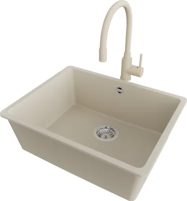 Produktbild von PRIMAGRAN Unterbauspüle Granit Beige 56x44cm, Spülbecken 1 Becken + Küchenarmatur 38x14cm + Ablauf-Set, Granitspüle ab 60er Unterschrank - Venedig Easy