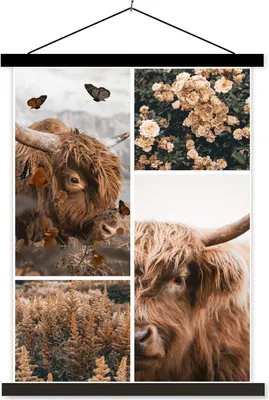 Produktbild von MuchoWow® Textilposter Schottisches Hochlandrind - Schmetterling - Blumen 90x120 cm mit schwarzem Rahmen - Dekoration