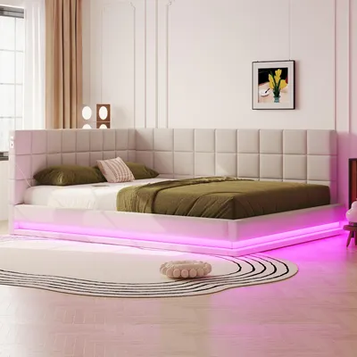 Produktbild von Polsterbett Schlafsofa 160*200 Multifunktionsbettmit LED Lichtleiste, USB Steckdose und Lattenrost, hautsympathischer Samtstoff beige