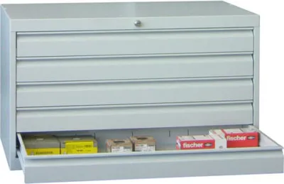 Produktbild von Werkzeug-Schubladenschrank - 600x1.023x600 mm (HxBxT) - 1 Schubladenreihe - 3x75 mm, 1x125 mm, 1x150 mm - Tragkraft 50 kg - himmelblau/feuerrot