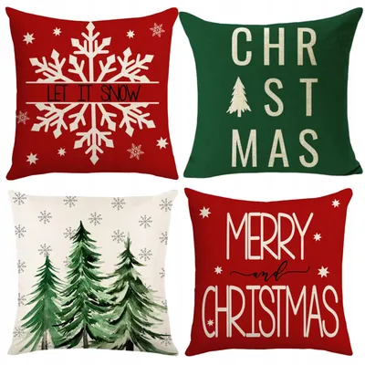 Produktbild von Weihnachtskissenbezug 4er Set - 45x45 cm - Kissenhüllen in Leinenoptik - Rot