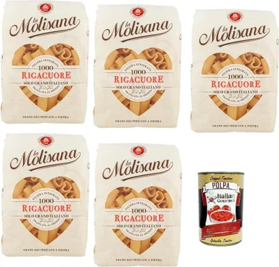 Produktbild von 5x La Molisana Rigacuore N. 1000 Pasta Lenta Lavorazione Teigwaren aus Hartweizengrieß Bronze-Zeichnung 500g + Italian Gourmet Polpa 400g