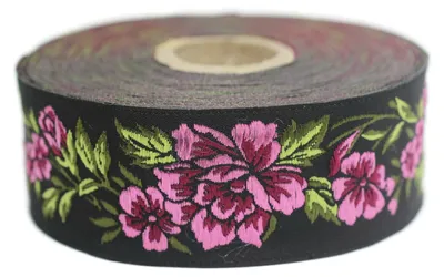 Produktbild von Jacquard-Webband - Mitternachtsblau - Rosa und Schwarz - 10 Meter x 35 mm