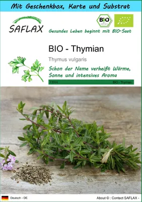 Produktbild von SAFLAX Geschenk Set - BIO - Thymian - Thymus vulgaris - 800 Samen - Mit Geschenkbox, Versandaufkleber, Geschenkkarte und Anzuchtsubstrat