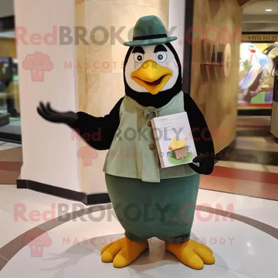 Produktbild von Maskottchen REDBROKOLY Kostümfigur mit olivfarbenem Pinguin bekleidet mit einem Empire-Taillenkleid und Geldbörsen