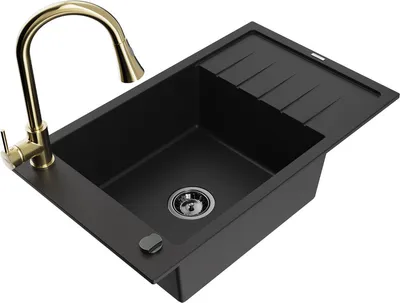 Produktbild von Mexen Elias 1 Becken-Granitspüle mit Abtropffläche und Mischbatterie Elia, Schwarz - 6511-77-670101-50-B