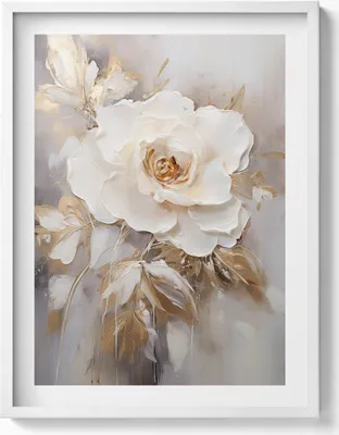 Produktbild von Zarte gemalte Blume– Wandbild mit Rahmen – Gerahmtes Bild  – Wanddekoration – 60x80 cm –  Weiß Rahmen