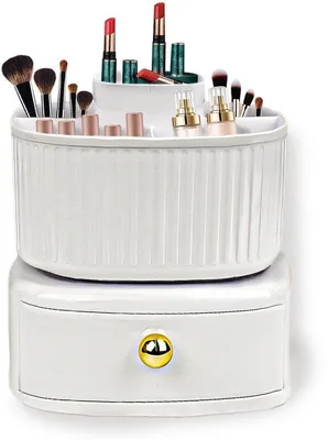 Produktbild von Unyqoos® 360° drehbarer Make-up-Organizer – ABS Kosmetik-Organizer mit 5 Fächern & Schublade, Ø 14,5 cm × H 14 cm für Lippenstifte & Pinsel