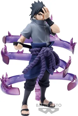 A figurine of Sasuke Uchiha from Naruto Shippuden, with purple energy effects.