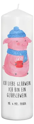 Produktbild von Mr. & Mrs. Panda Kerze Schwein Glühwein 29 x 8 cm XL - Weiß - Geschenk, Erinnerungslicht, Wachskerze, Winter, Bedruckte, Glühschwein, Punsch, Weihnachtsmarkt