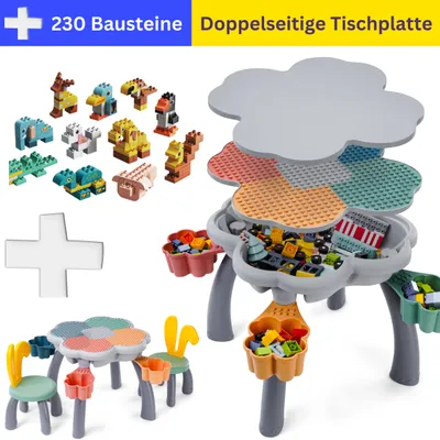 Produktbild von WonderMind® Bunny Kinder Spieltisch/Sandkasten (drinnen oder draußen) mit doppelseitiger Tischplatte und 2 Stühlen, + 230 Bauklötze (DUPLO-kompatibel)