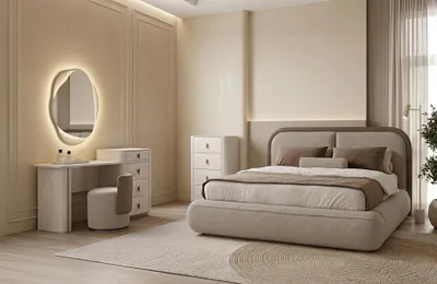 Immagine prodotto di Set per camera da letto: letto, comodino, tavolino da trucco, colore beige, design moderno e