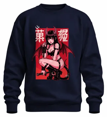 Obrázek produktu pro Tričko s potiskem "Succubus", motiv: démon, dívka, anime, waifu, katana, Japonsko, styl Y2K, pro fanoušky (otaku), barva: tmavě modrá, velikost: XXL