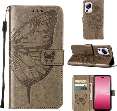 Produktbild von Lederhülle für Xiaomi 13 Lite 5G Schmetterling Prägung Flip Ledertasche Kartenfächer Handyhülle mit Ständer Grau