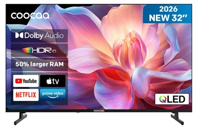 Produktbild von coocaa 32 Zoll Fernseher, 80cm, QLED HD Smart TV, Superior QLED Tech, HDR10, HLG, 1.5GB RAM für flüssiges Streaming, Dolby Audio, Triple Tuner DVB-T/-T2/-C/-S/-S2 CI+, Bluetooth 5.1, 32CTQH38Z, 2026