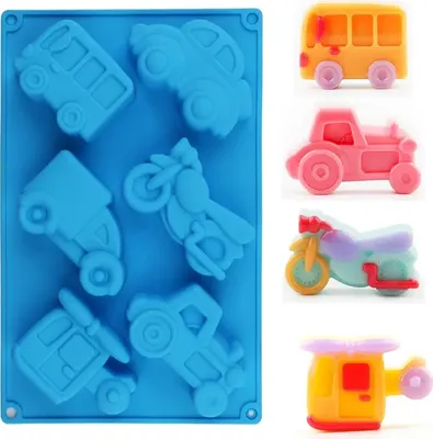 Produktbild von GKA 3D Silikon Backform mit 6 Fahrzeugen Auto Motorrad Bus Hubschrauber LKW Traktor Silikonbackform 27 cm Fondantform Muffin Silikonform Seife Kinder
