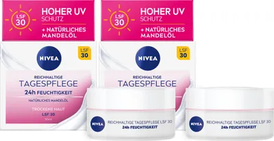 Produktbild von NIVEA Reichhaltige Tagespflege für trockene Haut mit Mandelöl LSF30 2 x 50ml