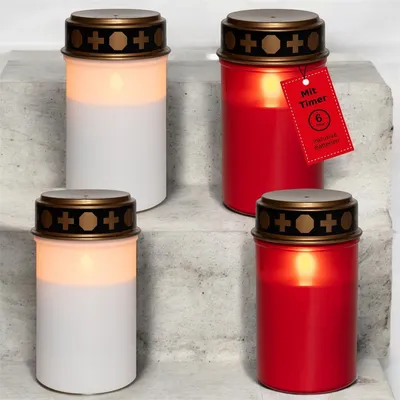 Produktbild von Novaliv 4 Stück Grablichter LED mit Batterie und Timer 6/18 Grablichter weiß u. rot Dauerbrenner Grablicht LED Kerzen flackernde Flamme Friedhofskerze Gedenkkerze Grablaterne Ewiges Licht Trauerkerze