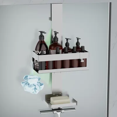 Produktbild von Duschablage zum Hängen mit Seifenhalter, Edelstahl SUS304, ohne Bohrer, für rahmenlose Glastür, Silber
