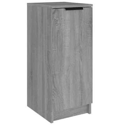 A tall, narrow cabinet with a gray wood grain finish and a black handle on top.