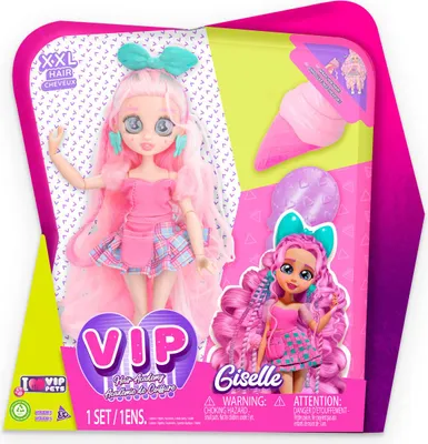 A toy doll in its retail packaging, featuring a pink doll with long pink hair and a pink outfit with a plaid skirt. The packaging is brightly colored with graphics of ice cream cones.