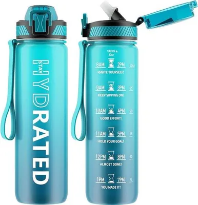 Produktbild von Famanu Sport-Trinkflasche 1 Liter mit Strohhalm und Zeitindikator - BPA-frei, aus Tritan