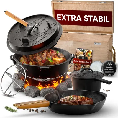 Produktbild von GUSSKÖNIG Dutch Oven in Holzbox 9tlg. mit Bratpfanne Saucentopf Untersetzer Deckelheber