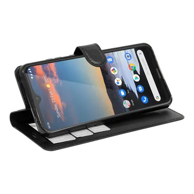 A black wallet-style phone case with a phone inside, shown at an angle.