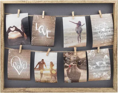 A collage of eight photos displayed on a string with clothespins, framed by a wooden border.