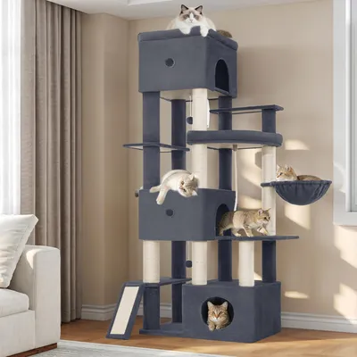 Produktbild von Fobyfurny Kratzbaum, 200 cm XXL Katzenbaum, Dunkelgrau, mit 3 Große Höhlen | Mehrere Plattformen, 7 Sisalstämme, Kratzbrett, Körbe, Pompons